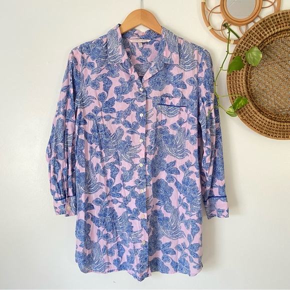 Victoria's Secret Other - Victoria’s Secret oversize button up night dress shirt M pink blue floral cotton